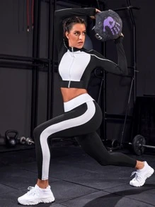 Powerista 2pcs Two Tone Gym Set Fitness Suit Contrast Stitch Zip Up Crop Jacket & Jacket & Wide Waistband Leggings Workout Women Set Women Leggings Set - Black and White - View 6