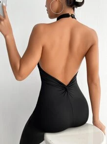 SHEIN PETITE 素色繞頸彈力緊身連體褲