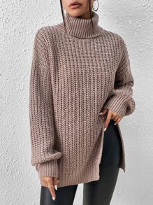 SHEIN Essnce Jersey cuello alto de hombros caídos bajo con abertura - Caqui - Ver 1