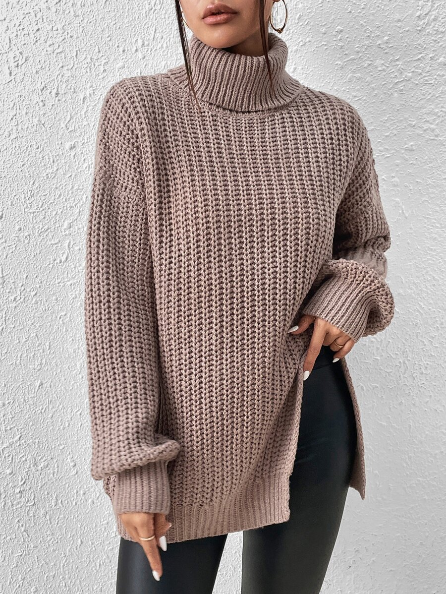 SHEIN Essnce Jersey cuello alto de hombros caídos bajo con abertura - Caqui - Ver 1