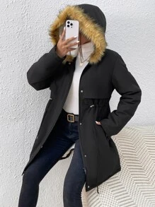 SHEIN Essnce Drawstring Waist Fuzzy Trim Hooded Parka Coat - Black - View 1