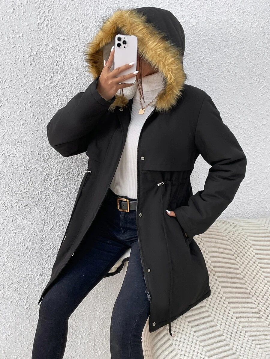 SHEIN Essnce Drawstring Waist Fuzzy Trim Hooded Parka Coat - Black - View 1