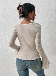 SHEIN Privé Contrast Binding Flounce Sleeve Square Neck Bodycon Tee - Apricot - View 2