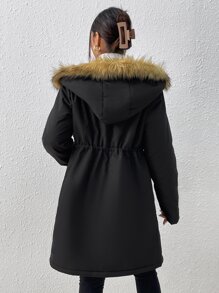 SHEIN Essnce Drawstring Waist Fuzzy Trim Hooded Parka Coat - Black - View 2