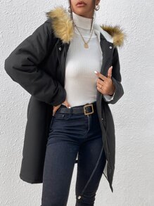 SHEIN Essnce Drawstring Waist Fuzzy Trim Hooded Parka Coat - Black - View 3