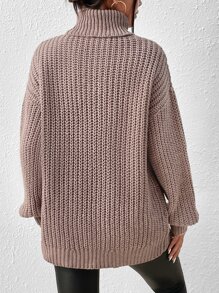 SHEIN Essnce Jersey cuello alto de hombros caídos bajo con abertura - Caqui - Ver 2