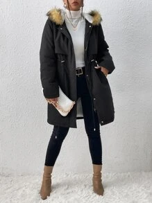 SHEIN Essnce Drawstring Waist Fuzzy Trim Hooded Parka Coat - Black - View 4