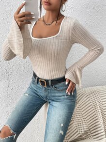 SHEIN Privé Contrast Binding Flounce Sleeve Square Neck Bodycon Tee - Apricot - View 5