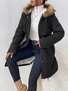 SHEIN Essnce Drawstring Waist Fuzzy Trim Hooded Parka Coat - Black - View 6