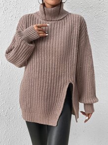 SHEIN Essnce Jersey cuello alto de hombros caídos bajo con abertura - Caqui - Ver 4