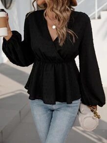 SHEIN Clasi Áo sơ mi nữ Viên lá sen Trọn gói màu trơn Giải trí - màu đen - Xem 4