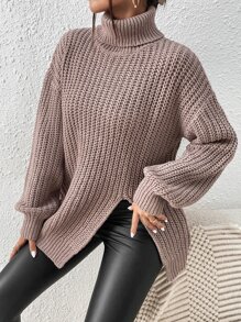 SHEIN Essnce Jersey cuello alto de hombros caídos bajo con abertura - Caqui - Ver 5