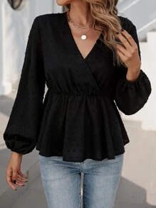 SHEIN Clasi Áo sơ mi nữ Viên lá sen Trọn gói màu trơn Giải trí - màu đen - Xem 6