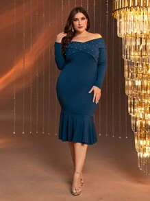 SHEIN Belle Talla grande Vestido de hombros descubiertos con diamante de imitación bajo sirena - Agua verde azul - Ver 1