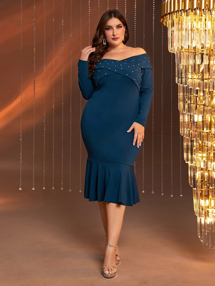 SHEIN Belle Talla grande Vestido de hombros descubiertos con diamante de imitación bajo sirena - Agua verde azul - Ver 1