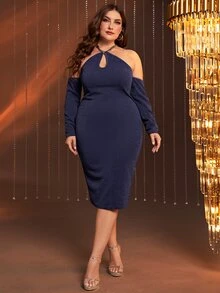 SHEIN Belle Plus Off Shoulder Chain Halter Bodycon Dress - Navy Blue - View 3