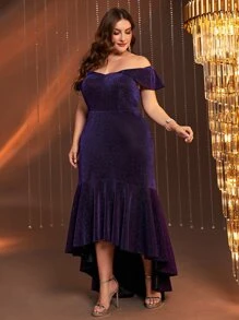 SHEIN Belle 大碼一字肩高低下擺金屬亮絲伴娘洋裝