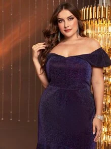 SHEIN Belle 大碼一字肩高低下擺金屬亮絲伴娘洋裝