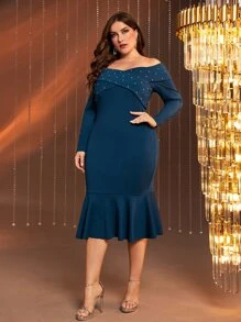 SHEIN Belle Talla grande Vestido de hombros descubiertos con diamante de imitación bajo sirena - Agua verde azul - Ver 6