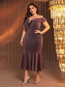 SHEIN Belle 大碼一字肩荷葉邊魚尾裙下擺金屬亮絲伴娘洋裝