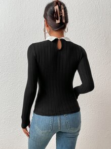SHEIN Privé Contrast Collar Keyhole Back Tee - Black - View 2