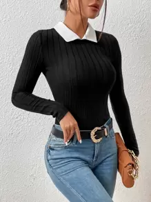 SHEIN Privé Contrast Collar Keyhole Back Tee - Black - View 3