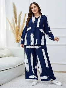 Mulvari Plus Brush Print Shirt & Wide Leg Trousers - Navy Blue - View 3