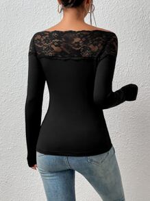 SHEIN Privé Contrast Lace Off Shoulder Tee - Black - View 2