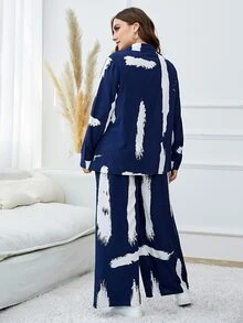 Mulvari Plus Brush Print Shirt & Wide Leg Trousers - Navy Blue - View 2