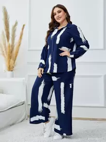 Mulvari Plus Brush Print Shirt & Wide Leg Trousers - Navy Blue - View 1