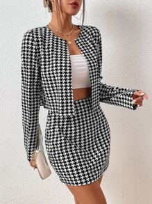 SHEIN Privé 千鳥格印花開門襟夾克和半身裙 - 黑與白 - 查看 4