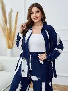 Mulvari Plus Brush Print Shirt & Wide Leg Trousers - Navy Blue - View 5