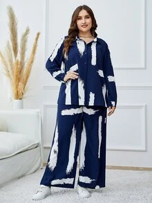 Mulvari Plus Brush Print Shirt & Wide Leg Trousers - Navy Blue - View 6