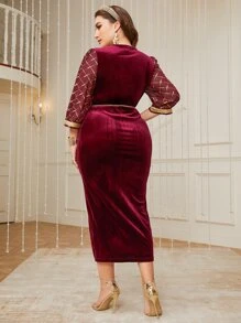 Modelyn Plus Contrast Tape Split Hem Belted Velvet Dress - Maroon - View 2