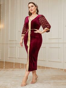 Modelyn Plus Contrast Tape Split Hem Belted Velvet Dress - Maroon - View 3