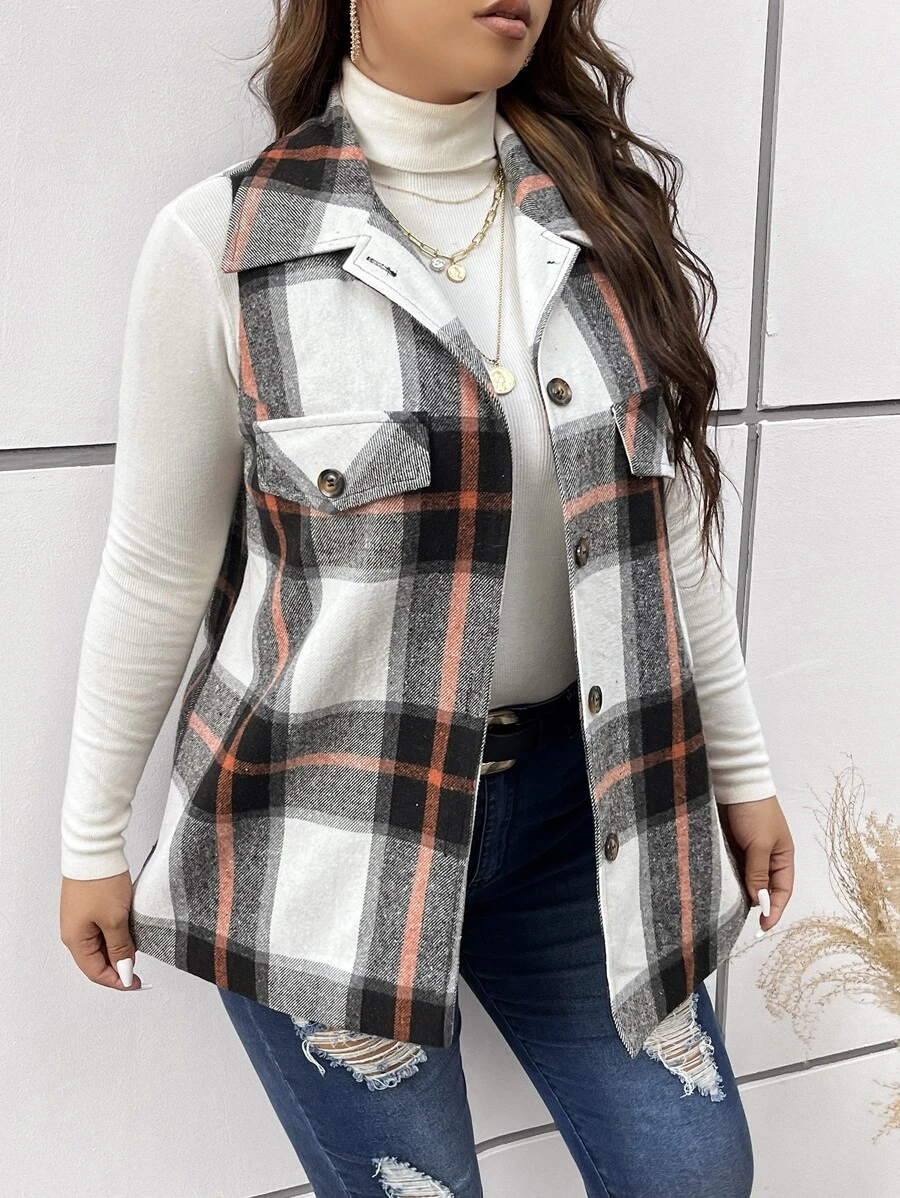 Calvaya Plus Plaid Print Vest Overcoat - Multicolor - View 1