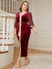 Modelyn Plus Contrast Tape Split Hem Belted Velvet Dress - Maroon - View 5