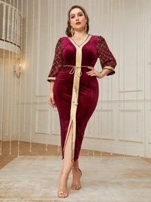 Modelyn Plus Contrast Tape Split Hem Belted Velvet Dress - Maroon - View 6