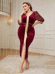 Modelyn Plus Contrast Tape Split Hem Belted Velvet Dress - Maroon - View 7