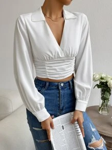 SHEIN Privé Ruched Lantern Sleeve Crop Blouse - White - View 5