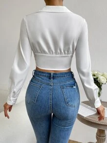 SHEIN Privé Ruched Lantern Sleeve Crop Blouse - White - View 2