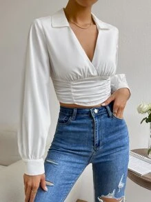 SHEIN Privé Ruched Lantern Sleeve Crop Blouse - White - View 3