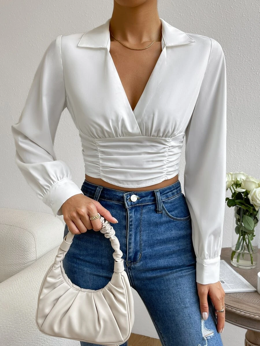 SHEIN Privé Ruched Lantern Sleeve Crop Blouse - White - View 1