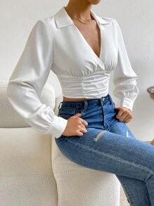 SHEIN Privé Ruched Lantern Sleeve Crop Blouse - White - View 6