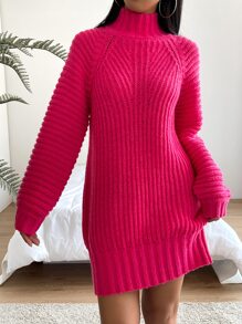 SHEIN Essnce High Neck Raglan Sleeve Jumper Dress - Hot Pink - View 4