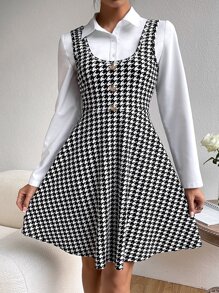 SHEIN Privé Houndstooth Print Button Front Dress Without Blouse - Black and White - View 3