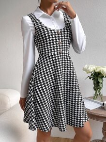 SHEIN Privé Houndstooth Print Button Front Dress Without Blouse - Black and White - View 4