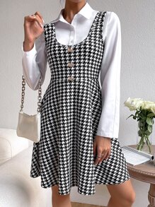 SHEIN Privé Houndstooth Print Button Front Dress Without Blouse - Black and White - View 5
