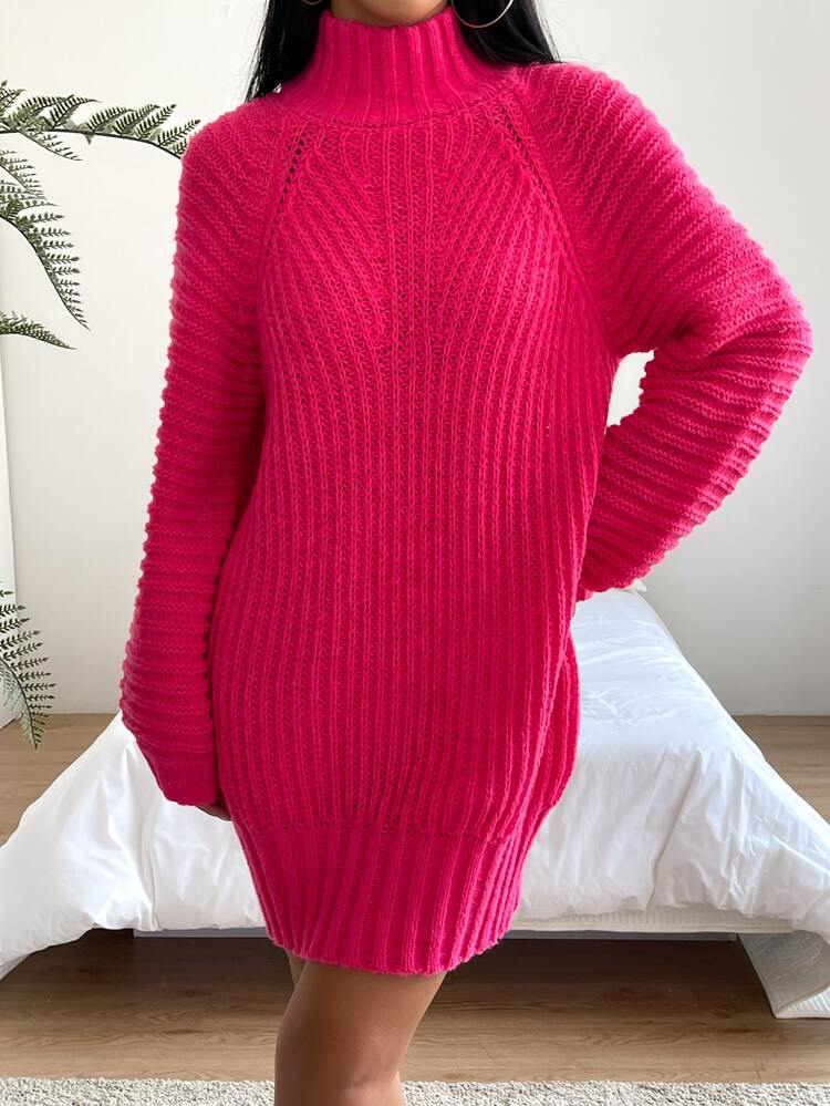 SHEIN Essnce 高領插肩袖毛衣裙 - 玫紅色 - 查看 3
