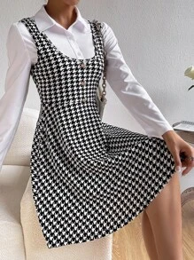 SHEIN Privé Houndstooth Print Button Front Dress Without Blouse - Black and White - View 6